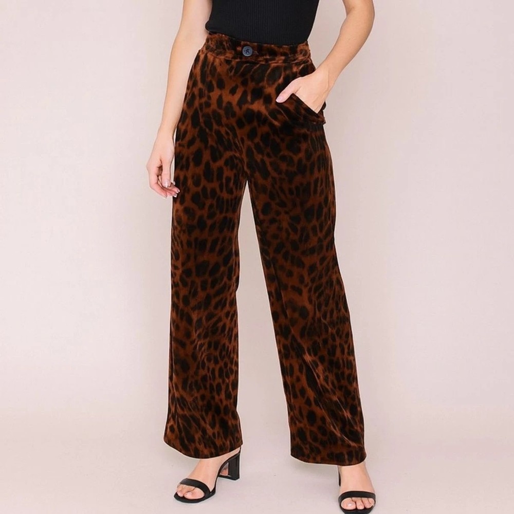Cabi Leopard Print Velvet Wide Leg Pants XS Glam Old Hollywood Mob Wife Luxury